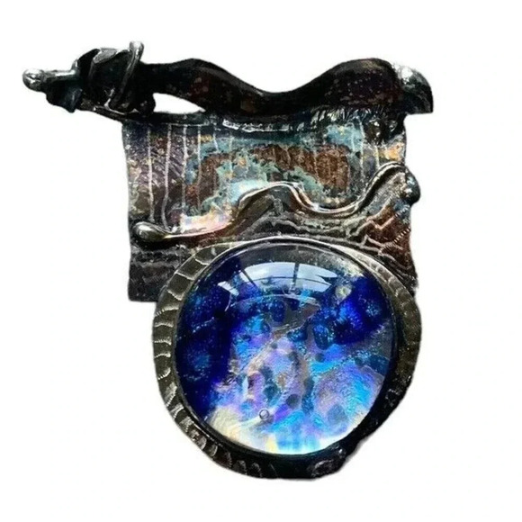 Vintage Handmade Brooch Pin Blue Glass Silver Signed Statement Chunky Unique - Picture 5 of 5